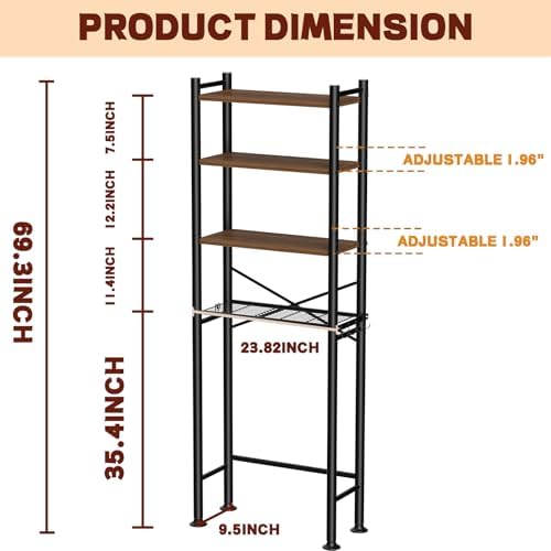 GloTika 4-Tier Over Toilet Storage, Anti-Tilt, 69.3" H, Brown