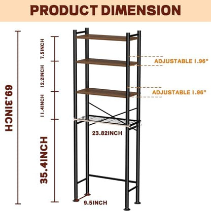 GloTika 4-Tier Over Toilet Storage, Anti-Tilt, 69.3" H, Brown
