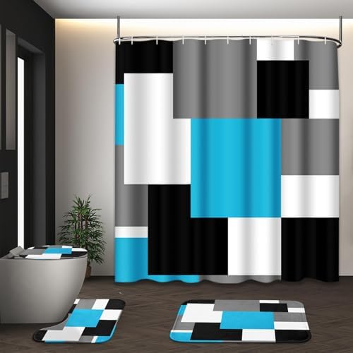 Bathroom Sets with Shower Curtain and Rugs, 4 Pcs, Blue Geometric
