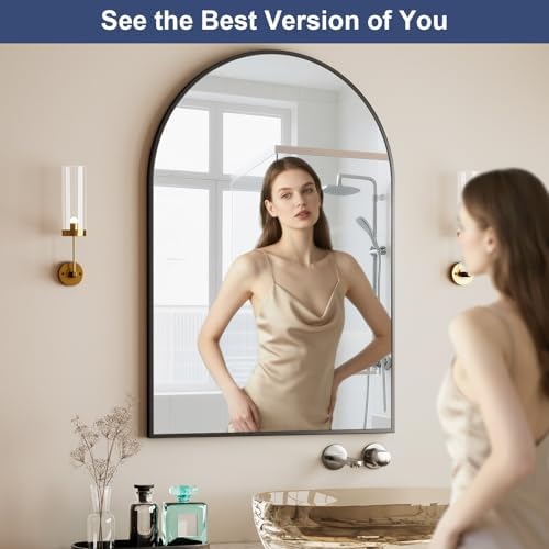 HARRITPURE Arched Bathroom Mirror 30"x48" Black Large Wall Mounted Mirror