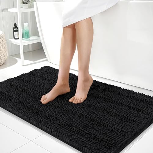 OLANLY Thick Large Bathroom Rugs 40x24, Soft Chenille Bath Rugs, Black