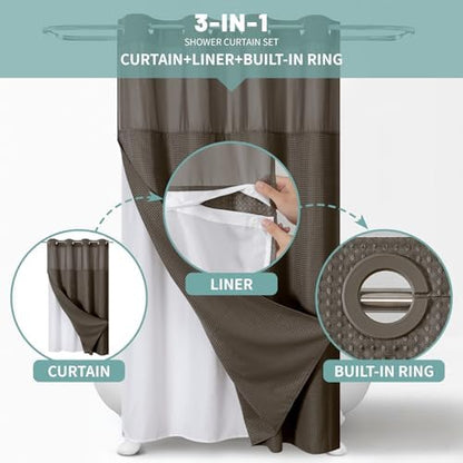 eachope No Hook Waffle Shower Curtain with Snap-in Liner, 54x80 Inch, Brown