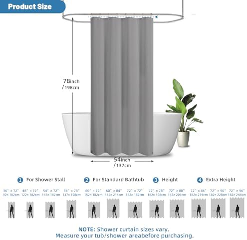 2-in-1 Waterproof Fabric Shower Curtain - No Separate Liner Needed, Hotel-Style Waffle Weave, Effortless Cleaning & Washable Bathroom Shower Curtain Set,54Wx78H,Grey