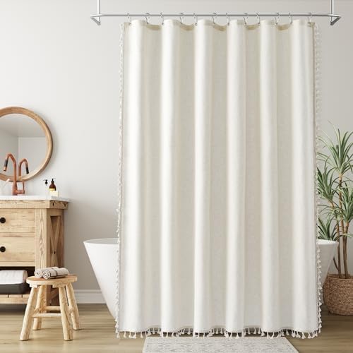Nanspring Natural Boho Linen Shower Curtain 76 Inches Long Boho Cute Tassel Design Cloth Bath Curtain Set with Hooks Modern Neutral Vintage Country Decor for Bathroom Water Repellent 72x76, Cream