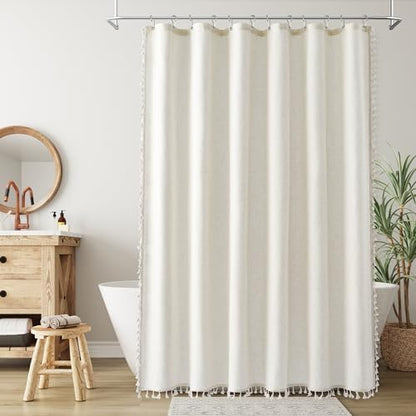 Nanspring Cream Boho Linen Shower Curtain 78 Inch Modern Vintage Country Bathroom Decor Shower Curtain Set with Hooks 78 Inch Length Tassel Design Water Repellent Neutral Bath Curtain 72x78, Natural
