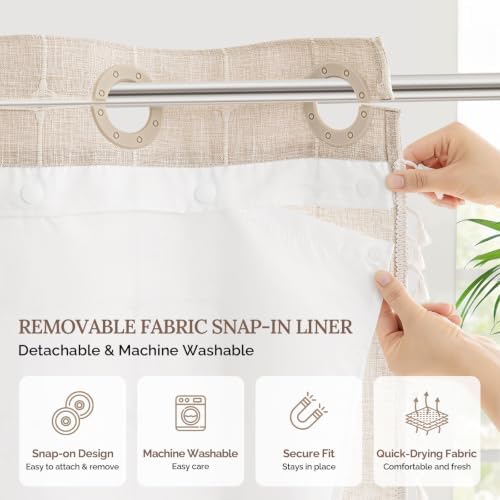 RiverDream Farmhouse No Hooks Shower Curtain with Snap-in Liner,Linen,71x86