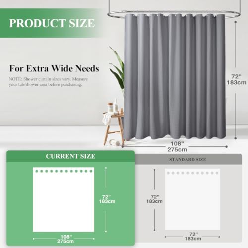 Dynamene Extra Wide Waffle Shower Curtain 256 GSM Fabric 108x72 Grey/Gray