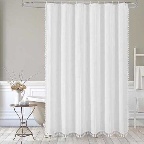 Boho Farmhouse Tassel Linen Shower Curtain,3D Embroidery Stripe White,72x78