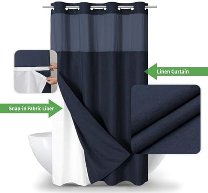 eachope No Hook Fabric Shower Curtain with Snap-in Liner,54x80 Navy Blue