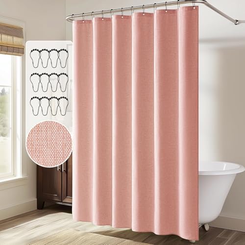 MIULEE Linen Fabric Shower Curtain Blush Pink W72*L72 12 Metal Hooks