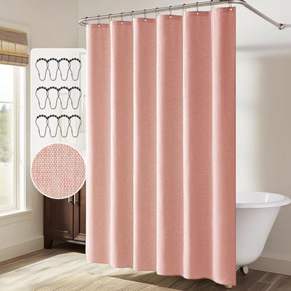 MIULEE Linen Fabric Shower Curtain Blush Pink W72*L72 12 Metal Hooks