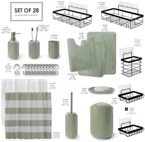 Clara Clark Bathroom Accessories Set - 28PC Bathroom Set with Adhesive Corner Shower Caddy Hanging, Bathroom Sets with Shower Curtain and Rugs, Sage Green Shower Curtain Set with Bathroom Trash Can