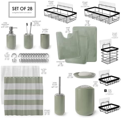 Clara Clark Bathroom Accessories Set - 28PC Bathroom Set with Adhesive Corner Shower Caddy Hanging, Bathroom Sets with Shower Curtain and Rugs, Sage Green Shower Curtain Set with Bathroom Trash Can