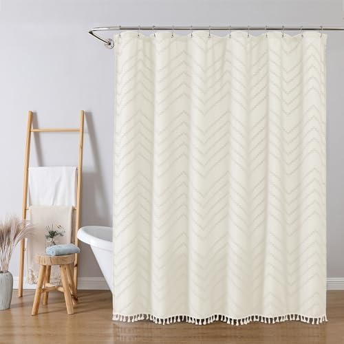 OWENIE Beige Fabric Shower Curtain, Boho Shower Curtains for Bathroom Chic Tufted Chevron Striped Textured with Tassel, Soft Hotel Style Farmhouse, Machine Washable, 72x78, Beige