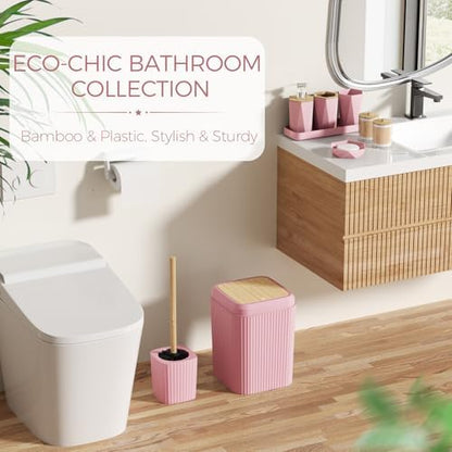 Pink Bathroom Accessories Set - Bathroom Set with Shower Curtain and Rugs, Trash Can, Toilet Brush with Holder, Soap Dispenser, Toothbrush and Toothpaste Holder, Cup, Soap Dish, Qtip Holders