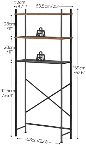 HOOBRO Over the Toilet Storage, 3-Tier Over Toilet Bathroom Organizer, Freestanding Above Toilet Shelf with Adjustable Feet, Space Saving, Easy Assembly, Rustic Brown and Black BF63TS01
