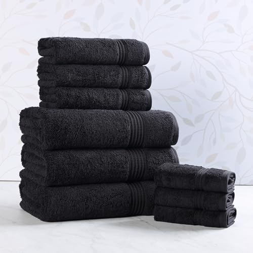 Superior Egyptian Cotton 9-Piece Towel Set, Assorted Towels for Home Bathroom, Guest Bath Decor Essentials, Includes 3 Bath, 3 Hand, 3 Face Towels/Washcloths, Quick Dry, Absorbent - Black