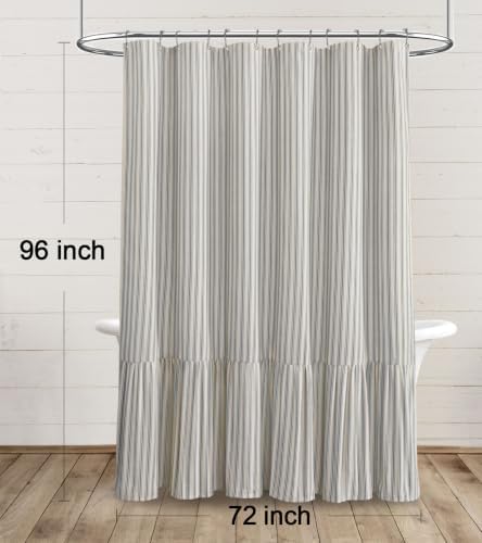 Farmhouse Shower Curtain Ruffle Linen Cream-Grey Stripe 72"W x 96"L