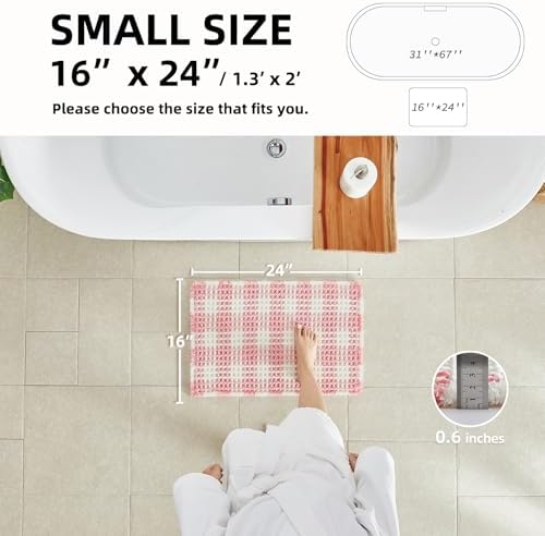 TYUU Waffle Bath Mat, Small Cute Bathroom Rug Non Slip, 24x16 Pink & White