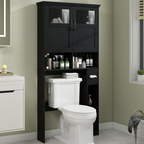 Vabches Over The Toilet Storage Cabinet with Doors & Paper Holder, Black
