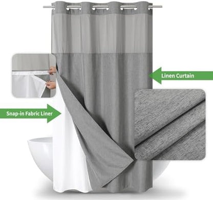 eachope No Hook Linen Texture Shower Curtain with Snap-in Liner,54x80 Grey