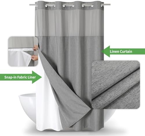 eachope No Hook Linen Texture Shower Curtain with Snap-in Liner,60x74 Grey