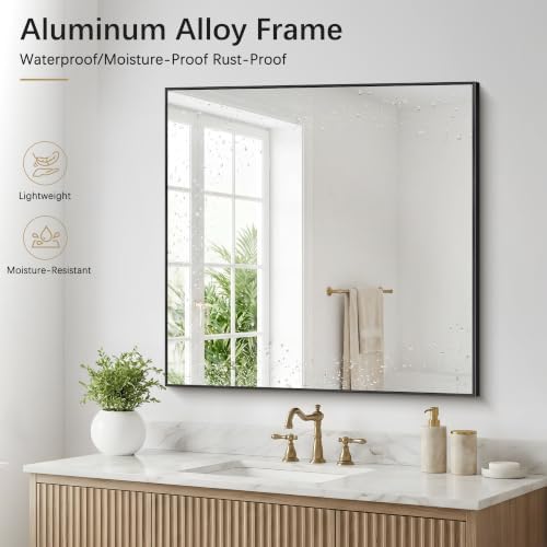 DESBING 36" x 36" Bathroom Mirror, Black Metal Frame Wall Mirror