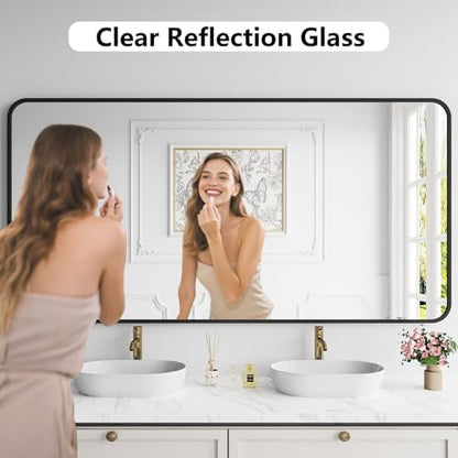 Koonmi Bathroom Mirror, 36X71 Brushed Black Rectangle Wall Mirror, HD Tempered Glass, Anti-Rust Frame Vanity Mirror, Rounded Rectangle Mirror for Restroom, Bedroom, Hangs Horizontal or Vertical