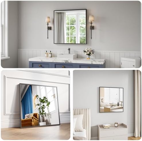 Koonmi Bathroom Mirror for Wall, 30"x30" Black Bathroom Mirror for Over Sink, Shatterproof Tempered Glass Vanity Mirror with Anti-Rust Aluminum Alloy Frame, Hang Horizontally or Vertically