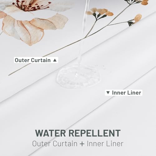 WITHLOC No Hook Floral Shower Curtain with Liner, Khaki, 71x74