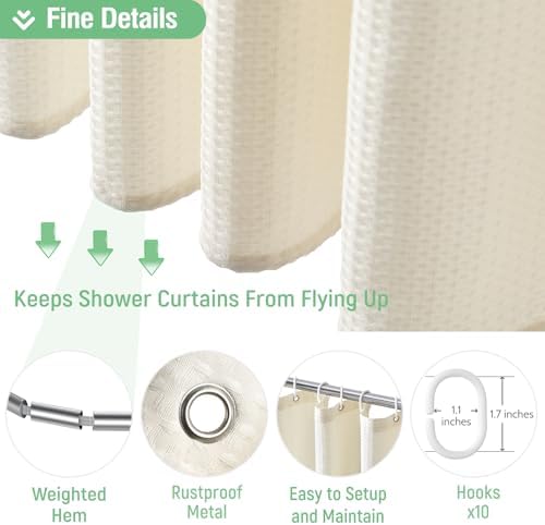 Dynamene Stall Waffle Shower Curtain 256 GSM Heavy Fabric 54x72 Cream/Ivory