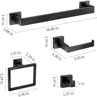 10 Pieces Bathroom Hardware Accessories Set 16 Inch Wall Mounted Towel Bar Set Matte Black Towel Rack Rings Stainless Steel Toilet Paper Holder Bath Coat Hooks
