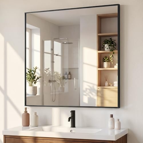 36"x36" Matte Black Framed Square Bathroom Vanity Wall Mirror