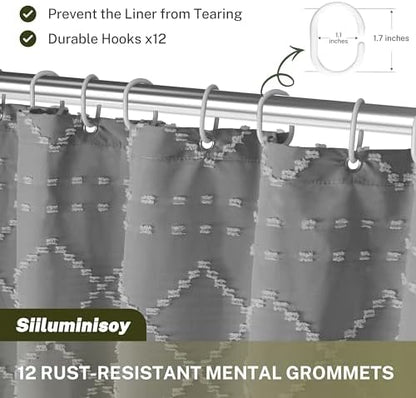 Siiluminisoy Extra Long Boho Grey Shower Curtain with Tassels 72 x 84, Tufted Chevron Striped Chenille Woven Fabric Cloth Shower Curtain Modern Farmhouse Minimalist, Shabby Chic Textured for Bathroom