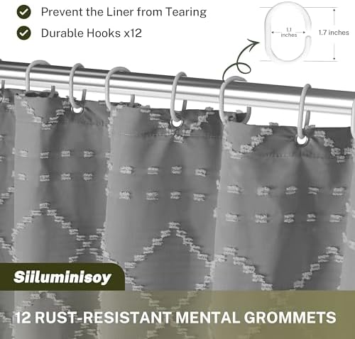 Siiluminisoy Boho Grey Textured Shower Curtain with Tassels 72 x 72 Tufted Chevron Striped Chenille Woven Fabric Cloth Shower Curtain Modern Farmhouse Minimalist, Shabby Chic Home Decor for Bathroom