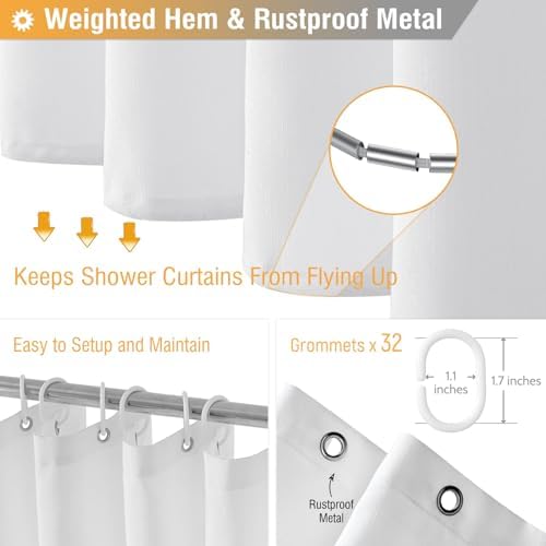 BTTN 180x72 Linen Textured Waterproof Thick Fabric Shower Curtain, White