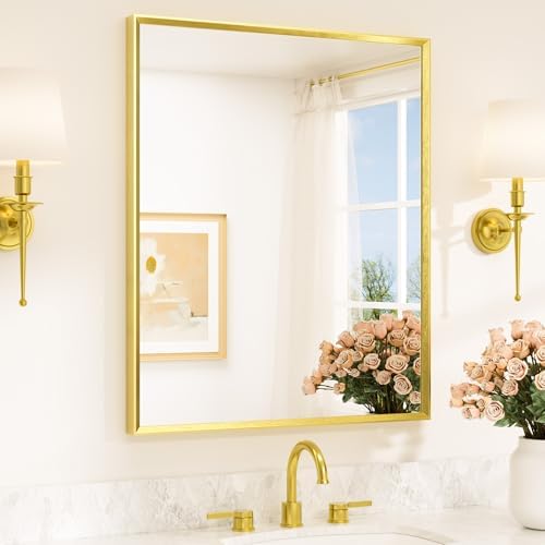 TETOTE Brushed Gold Mirror for Bathroom Sink 30" x 36" Beveled Frame Brushed Brass Gold Vanity Rectangle Mirror for Bathroom Wall, Modern Farmhouse, Tempered Glass, Stronger Frame