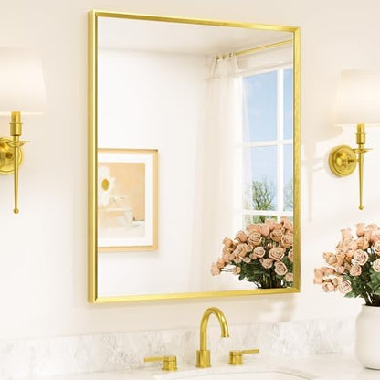 TETOTE Brushed Gold Mirror for Bathroom Sink 30" x 36" Beveled Frame Brushed Brass Gold Vanity Rectangle Mirror for Bathroom Wall, Modern Farmhouse, Tempered Glass, Stronger Frame