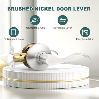 GOBEKOR 10 Pack Satin Nickel Passage Lever Handle Interior Door Levers Hallway Closet Door Handles Wave Door Lock Keyless Lever Door Handles
