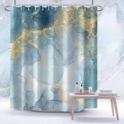AWERT Teal Marble Shower Curtain for Bathroom Waterproof Quick-Drying Modern Abstract Shower Curtain Set with Hooks 72x78 Inch