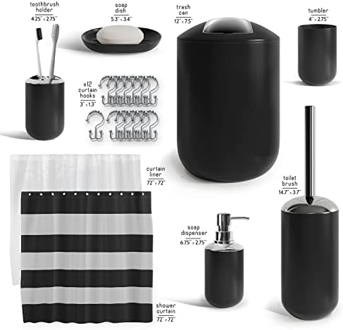 Clara Clark Bathroom Set - Black Bathroom Accessories Set, 20PC Bathroom Accessory Set, Shower Curtain Set, Soap Dispenser, Toilet Brush, & Trash Can