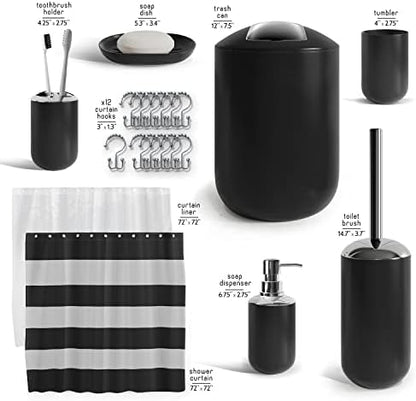 Clara Clark Bathroom Set - Black Bathroom Accessories Set, 20PC Bathroom Accessory Set, Shower Curtain Set, Soap Dispenser, Toilet Brush, & Trash Can