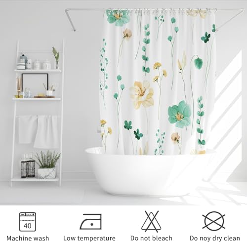 Gibelle Mint Green Beige Watercolor Floral Fabric Shower Curtain, 72x72