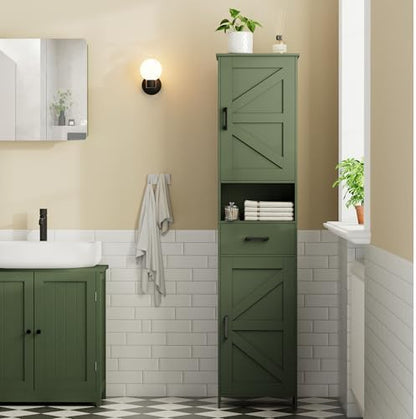 Homhedy 67" H Tall Bathroom Storage Cabinet with Barn Doors and Drawer