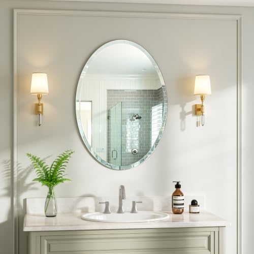 20 x 28 Inch Oval Frameless Bathroom Mirror, Beveled Polished Wall Mirror, Modern Decorative Mirror for Bathroom Vanity Bedroom Entryway