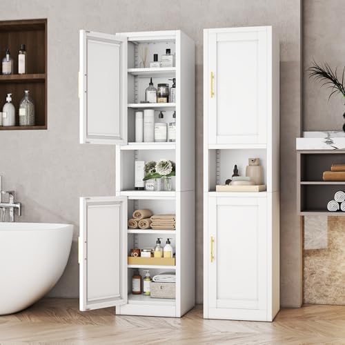 Tall Metal Narrow Bathroom Storage Cabinet 67" H, Tall White Pantry Cabinets with 4 Adjustable Shelves and 2 Doors for Kitchen, Home Office, Living Room, Dining Room(16 inches Wide)