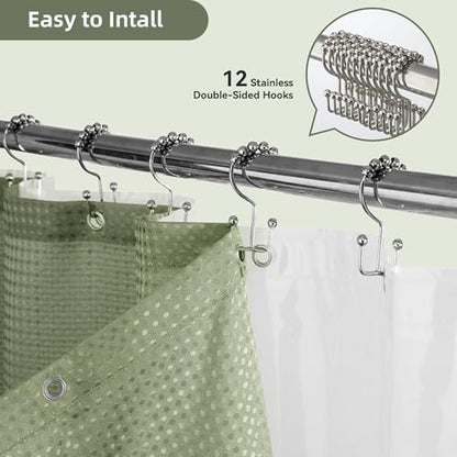Shower Curtain and Liner Set, 3 in 1 Waffle Shower Curtain Set with 12 Double Sided Shower Curtain Hooks, Fabric Shower Curtains for Bathroom, Green, 72 x 72