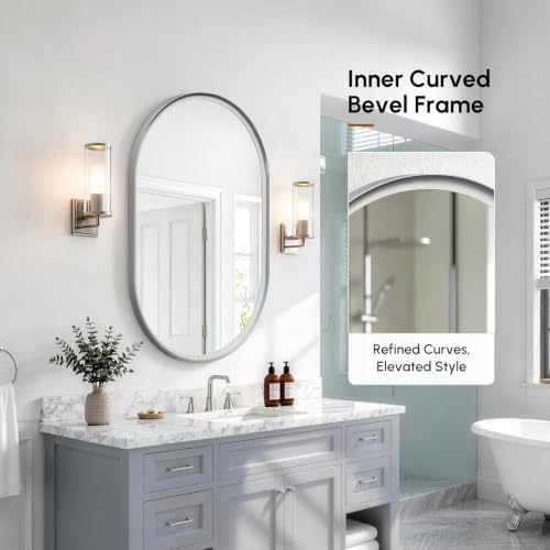 USHOWER Brushed Nickel Pill Oval Mirror for Bathroom 24x36 Inch