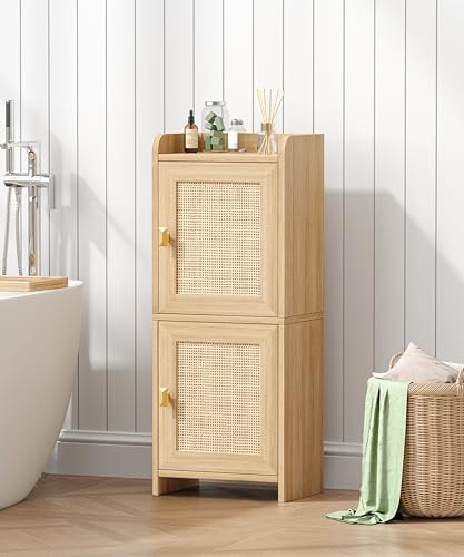 Akxomel Rattan Small Bathroom Cabinet Narrow Toilet Paper Organizer Oak