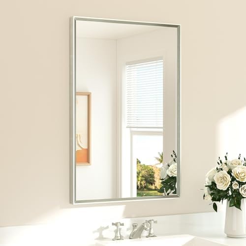 TETOTE Brushed Nickel Mirror for Bathroom Sink 24" x 36" Beveled Frame Brushed Nickel Vanity Rectangle Mirror for Bathroom Wall, Modern Farmhouse, Tempered Glass, Shatterproof, Stronger Frame